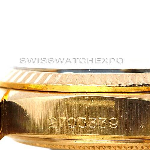 This image shows a close-up side view of the case and serial number of a Rolex President 1803 Men's Yellow Gold Black Dial 1803 Men's Yellow Gold Black Dial model watch.