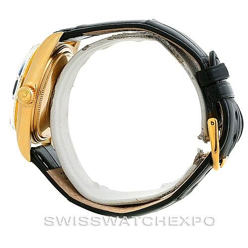 The image shows a side view of a Rolex President 1803 Men's Yellow Gold Black Dial 1803 Men's Yellow Gold Black Dial model watch, highlighting its gold case and black leather strap.