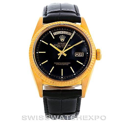 The image shows a Rolex President 1803 Men's Yellow Gold Black Dial 1803 Men's Yellow Gold Black Dial model watch from a front view, highlighting its black dial, gold case, and black leather strap.