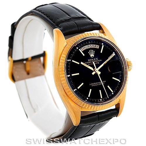 The Rolex President 1803 Men's Yellow Gold Black Dial 1803 Men's Yellow Gold Black Dial model watch is shown at a front angle, highlighting its black dial, gold case, and leather strap.