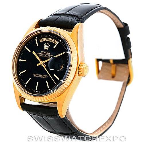 The Rolex President 1803 Men's Yellow Gold Black Dial 1803 Men's Yellow Gold Black Dial model watch is shown at an angle highlighting the dial, bezel, and leather strap.