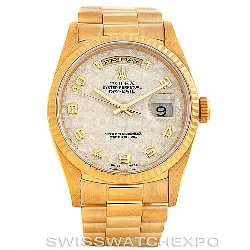 This image shows a full front view of a Rolex President 18238 Men's Yellow Gold Beige Dial 18238 Men's Yellow Gold Beige Dial model watch, displaying the dial, bezel, and bracelet.