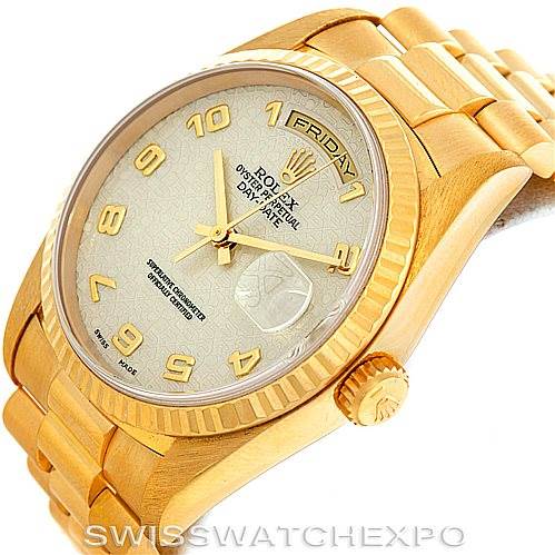 The image shows a Rolex President 18238 Men's Yellow Gold Beige Dial 18238 Men's Yellow Gold Beige Dial model watch at a slight angle, highlighting the dial, bezel, crown, and part of the bracelet.