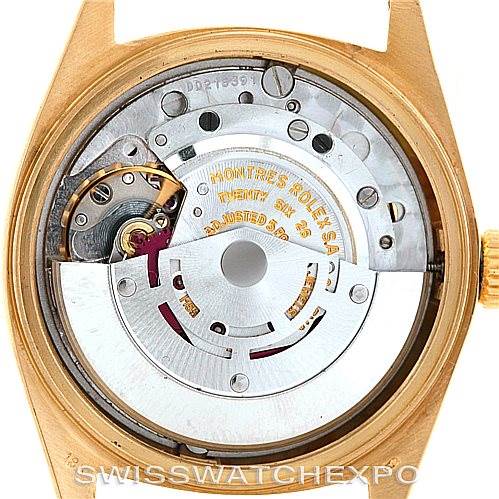 This image shows the back view of the Rolex President 1803 Men's Yellow Gold Grey Dial 1803 Men's Yellow Gold Grey Dial model, revealing the watch's inner movement and mechanical parts.