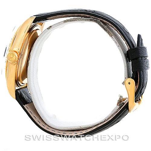 The image shows a side view of a Rolex President 1803 Men's Yellow Gold Grey Dial 1803 Men's Yellow Gold Grey Dial watch with a gold case and black leather strap.