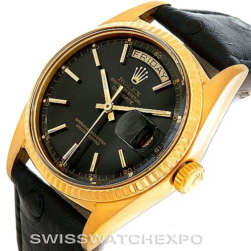 This image shows the front view of a Rolex President 1803 Men's Yellow Gold Grey Dial 1803 Men's Yellow Gold Grey Dial model watch, highlighting the dial, hands, day-date display, and crown.