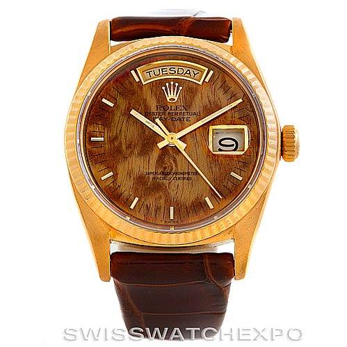 The image shows a frontal view of the Rolex President 18038 Men's Yellow Gold Brown Dial 18038 Men's Yellow Gold Brown Dial model watch with a gold case, brown dial, and leather strap.