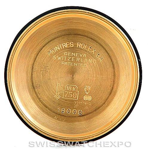 The image shows the inner case back of a Rolex President 18038 Men's Yellow Gold Brown Dial 18038 Men's Yellow Gold Brown Dial watch, displaying engravings and hallmarks.