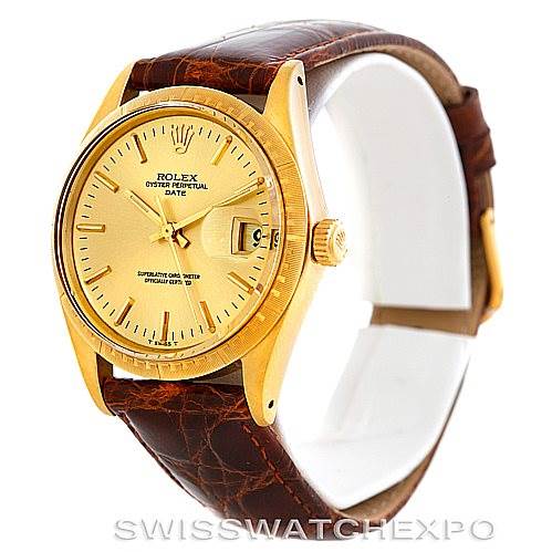 This image shows a Rolex President 1512 Men
s Yellow Gold Champagne Dial 1512 Men
s Yellow Gold Champagne Dial watch, displaying the gold dial, crown, and brown leather strap at a slight front-left angle.