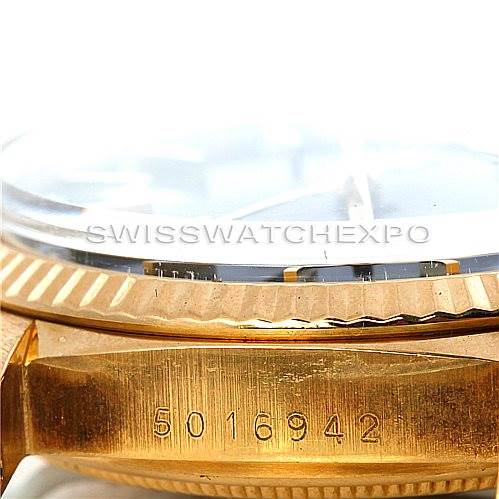 This image shows a close-up angle of the Rolex President 1803 Men's Yellow Gold Blue Dial 1803 Men's Yellow Gold Blue Dial model, focusing on the case side with its engraved serial number.