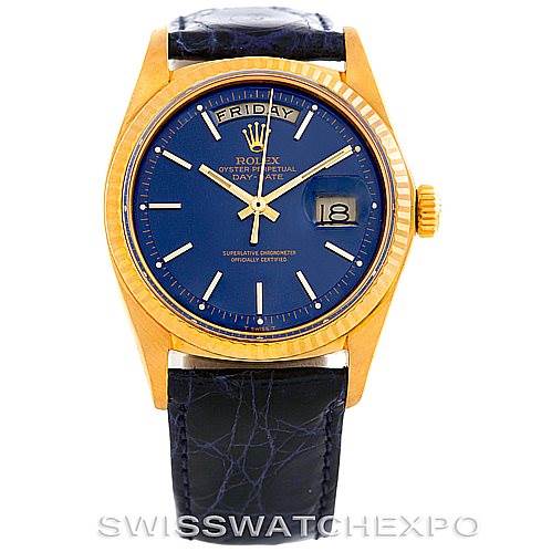 The image shows a front view of a Rolex President 1803 Men's Yellow Gold Blue Dial 1803 Men's Yellow Gold Blue Dial model, highlighting its blue dial, gold case, and black strap.