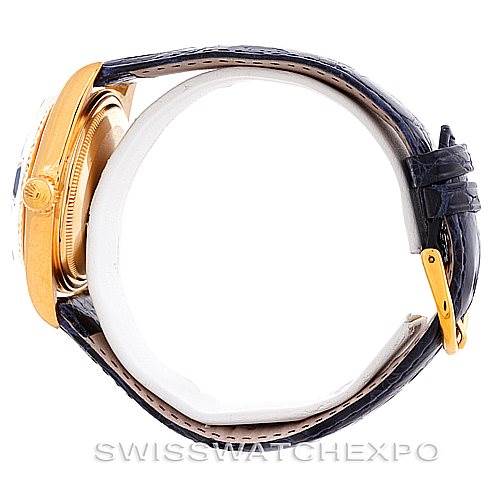 The image shows a side view of the Rolex President 1803 Men's Yellow Gold Blue Dial 1803 Men's Yellow Gold Blue Dial model wristwatch, focusing on the case, crown, and leather strap with a buckle.