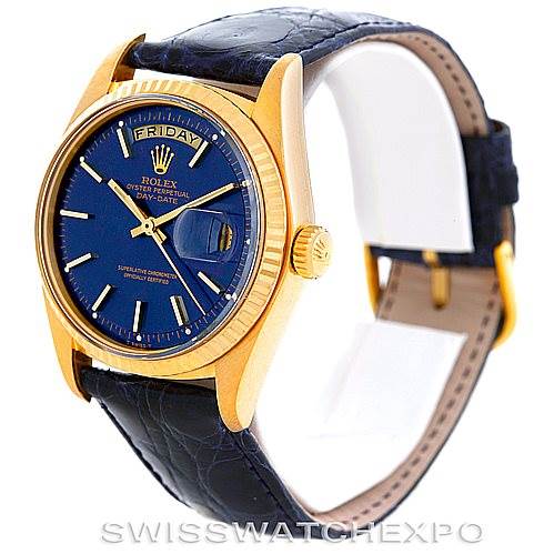 The image shows a side and front angle of the Rolex President 1803 Men's Yellow Gold Blue Dial 1803 Men's Yellow Gold Blue Dial Day-Date with a blue dial and black leather strap.