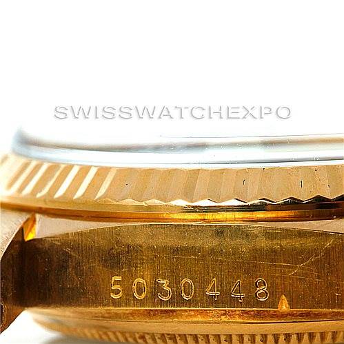 The image shows a side close-up view of a Rolex President 1803 Men's Yellow Gold Brown Dial 1803 Men's Yellow Gold Brown Dial watch, highlighting the serial number and fluted bezel.