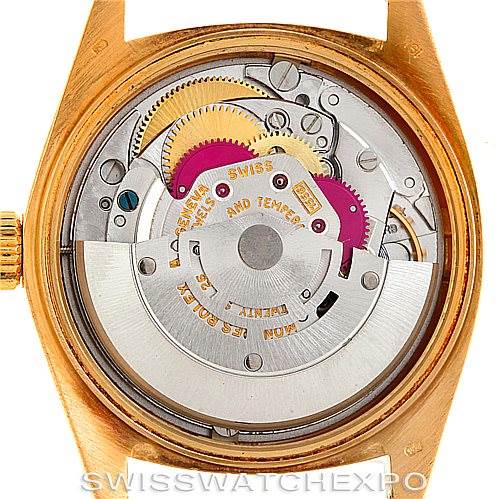 The image shows the inner mechanism of a Rolex President 1803 Men's Yellow Gold Brown Dial 1803 Men's Yellow Gold Brown Dial model watch, viewed from the back.