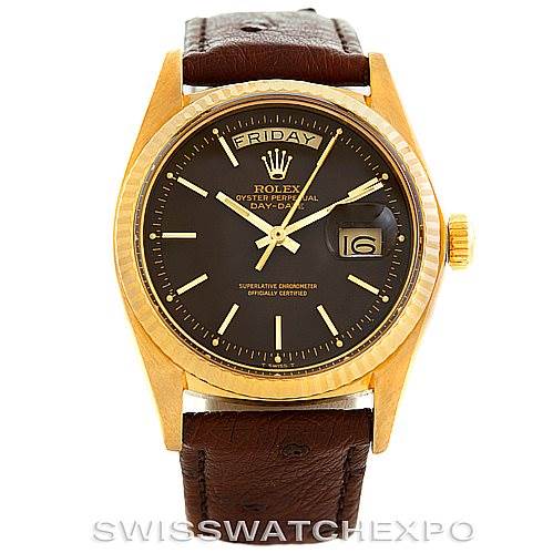 This Rolex President 1803 Men's Yellow Gold Brown Dial 1803 Men's Yellow Gold Brown Dial model watch is shown from a front angle, highlighting its black dial, day-date display, and brown leather strap.