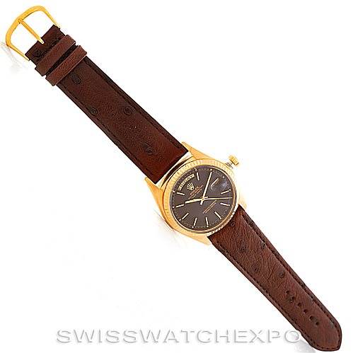 This image shows a top-down view of a Rolex President 1803 Men's Yellow Gold Brown Dial 1803 Men's Yellow Gold Brown Dial model watch with a brown leather strap and gold case.