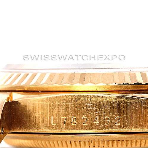 This image shows a close-up side view of the case with the serial number of a Rolex President 18238 Men's Yellow Gold Grey Dial 18238 Men's Yellow Gold Grey Dial model watch.