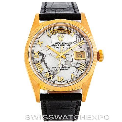 The image shows a front view of a Rolex President 18238 Men's Yellow Gold Grey Dial 18238 Men's Yellow Gold Grey Dial watch, highlighting its face, bezel, strap, and crown.