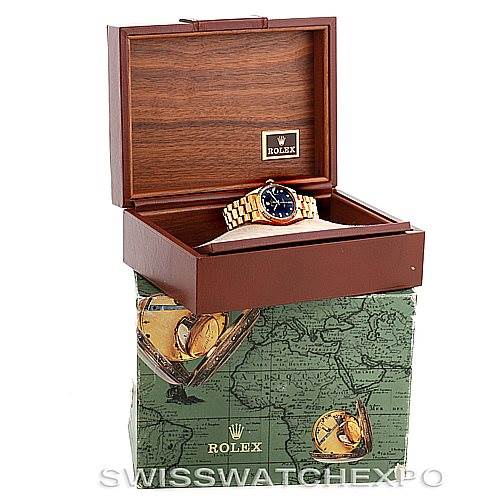 The image shows a Rolex President 18238 Men's Yellow Gold Black Dial 18238 Men's Yellow Gold Black Dial model watch in a wooden box with the lid open, displaying the watch on a cushion.