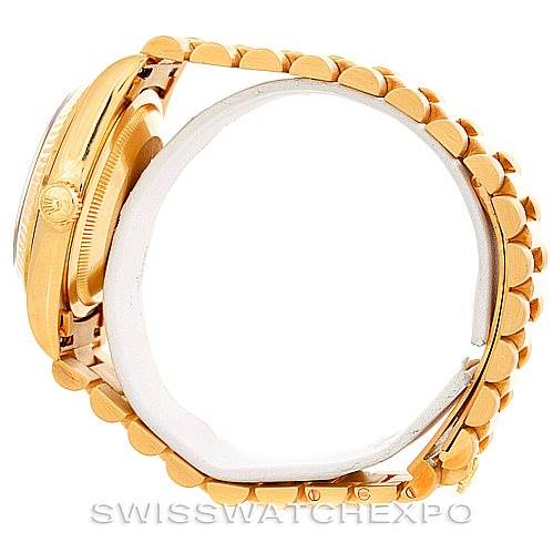 The image shows a side view of the Rolex President 18238 Men's Yellow Gold Black Dial 18238 Men's Yellow Gold Black Dial model watch, highlighting the gold bracelet and case.