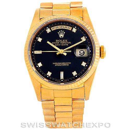 The image shows a front view of the Rolex President 18238 Men's Yellow Gold Black Dial 18238 Men's Yellow Gold Black Dial model watch, highlighting its gold band, black dial, and date display.