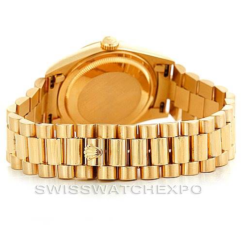 The image shows the back of a Rolex President 18238 Men's Yellow Gold Black Dial 18238 Men's Yellow Gold Black Dial model watch, highlighting the bracelet and clasp.