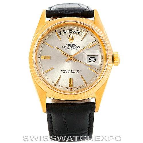 The image shows a front view of a Rolex President 1803 Men
s Yellow Gold Silver Dial 1803 Men
s Yellow Gold Silver Dial watch, highlighting its dial, case, and black leather strap.