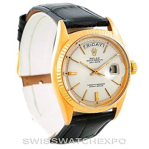 The image shows a Rolex President 1803 Men
s Yellow Gold Silver Dial 1803 Men
s Yellow Gold Silver Dial model watch at a slight angle, highlighting its dial, bezel, crown, and leather strap.