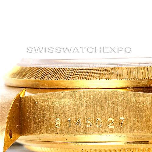 This close-up image shows the side of the case and the serial number of the Rolex President 18078 Men
s Yellow Gold Champagne Dial 18078 Men
s Yellow Gold Champagne Dial model watch.