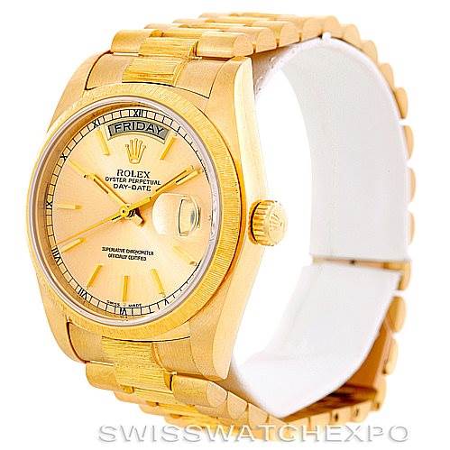 The image shows a frontal angle of a Rolex President 18078 Men
s Yellow Gold Champagne Dial 18078 Men
s Yellow Gold Champagne Dial model watch, featuring its face, bracelet, and crown.