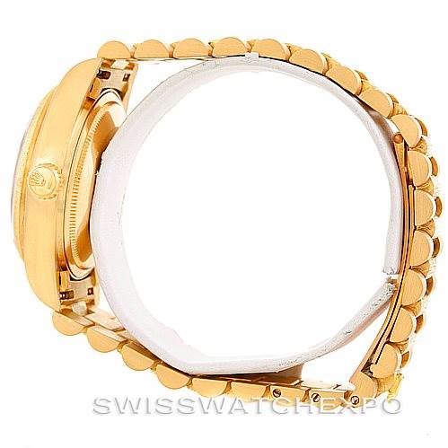 The image shows a side view of the Rolex President 18078 Men
s Yellow Gold Champagne Dial 18078 Men
s Yellow Gold Champagne Dial watch, highlighting the bracelet, case, and side profile. 