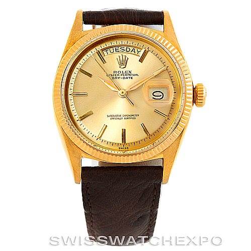 The image shows a front view of the Rolex President 1803 Men
s Yellow Gold Champagne Dial 1803 Men
s Yellow Gold Champagne Dial model watch, highlighting its gold dial, day and date display, and leather strap.
