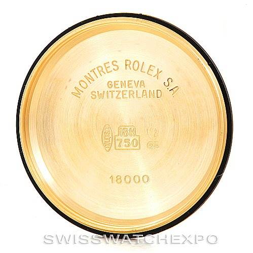 The image shows the inside case back of a Rolex President 18038 Men
s Yellow Gold Champagne Dial 18038 Men
s Yellow Gold Champagne Dial watch, displaying engravings and markings.