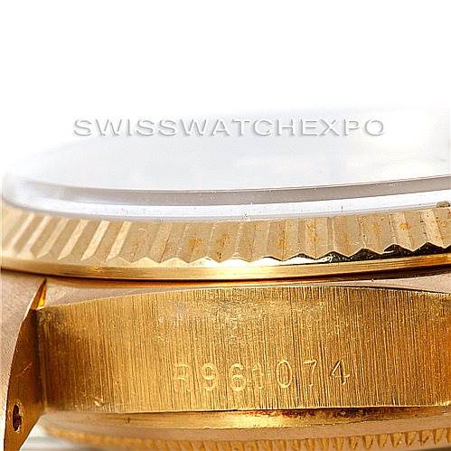 The image shows a close-up side view of the case and bezel of the Rolex President 18038 Men
s Yellow Gold Champagne Dial 18038 Men
s Yellow Gold Champagne Dial model watch.