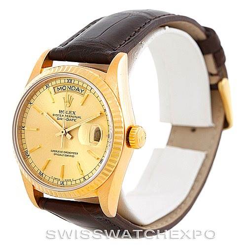 The Rolex President 18038 Men
s Yellow Gold Champagne Dial 18038 Men
s Yellow Gold Champagne Dial model is shown at a slight angle, highlighting the dial, bezel, crown, and leather strap.