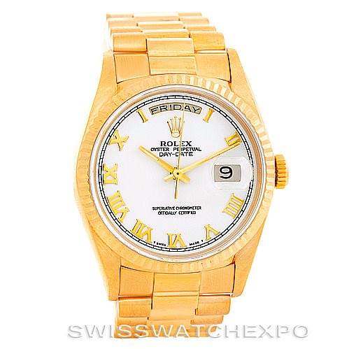 This image shows a Rolex President 18238 Men's Yellow Gold White Dial 18238 Men's Yellow Gold White Dial model watch from a frontal angle, displaying its face, bracelet, and crown.
