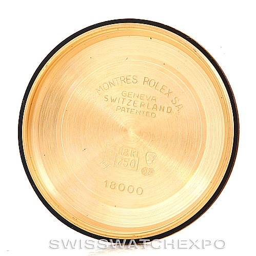 This image shows the inside case back of a Rolex President 18078 Men
s Yellow Gold Champagne Dial 18078 Men
s Yellow Gold Champagne Dial model watch, displaying inscriptions and hallmarks.