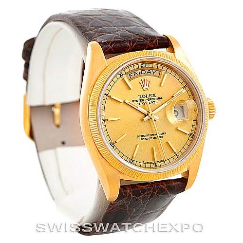 The image shows a Rolex President 18078 Men
s Yellow Gold Champagne Dial 18078 Men
s Yellow Gold Champagne Dial model watch, featuring the dial, bezel, crown, and leather strap from a front angle.