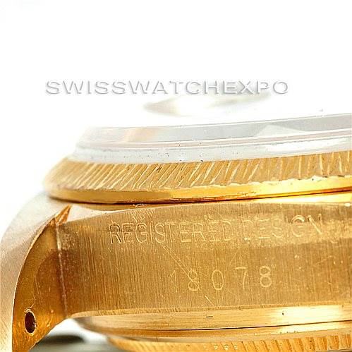 This close-up image shows the side case and serial number engraving of a Rolex President 18078 Men
s Yellow Gold Champagne Dial 18078 Men
s Yellow Gold Champagne Dial model watch.