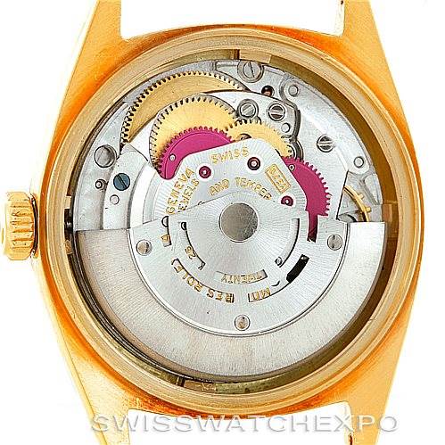 This image shows the movement and internal mechanism of a Rolex President 1601 Men's Yellow Gold Black Dial 1601 Men's Yellow Gold Black Dial model watch from a rear perspective.