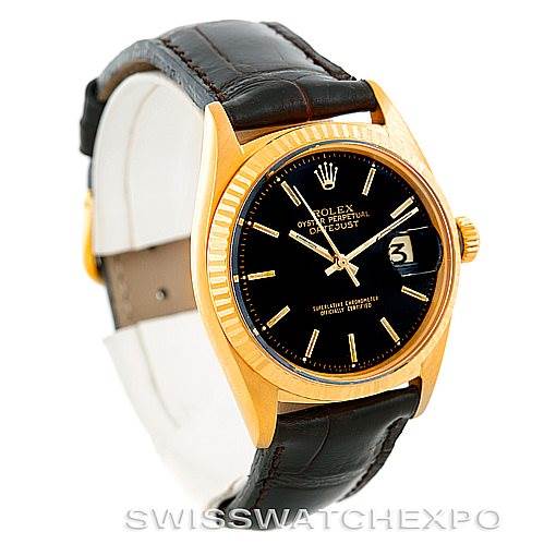 The image shows a Rolex President 1601 Men's Yellow Gold Black Dial 1601 Men's Yellow Gold Black Dial model watch with a black dial and a gold bezel, viewed from a slight angle to the front left.