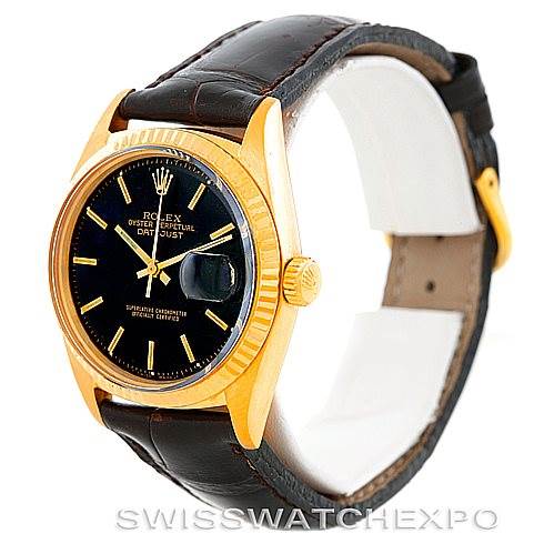 This image shows a side angle of a Rolex Day-Date President model watch, featuring a gold case, black dial, and leather strap.
