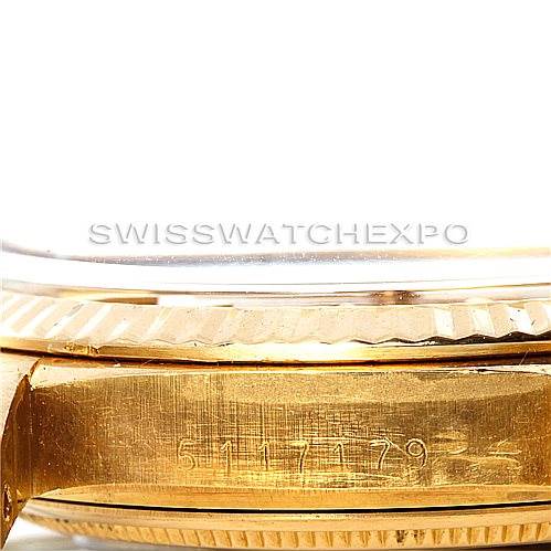 The image shows a close-up side view of the Rolex President 1601 Men's Yellow Gold Black Dial 1601 Men's Yellow Gold Black Dial watch, highlighting the serial number and case.