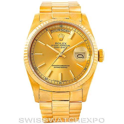 The image shows the front view of the Rolex President 18038 Men
s Yellow Gold Champagne Dial 18038 Men
s Yellow Gold Champagne Dial model watch, highlighting the dial, day-date window, and bracelet.