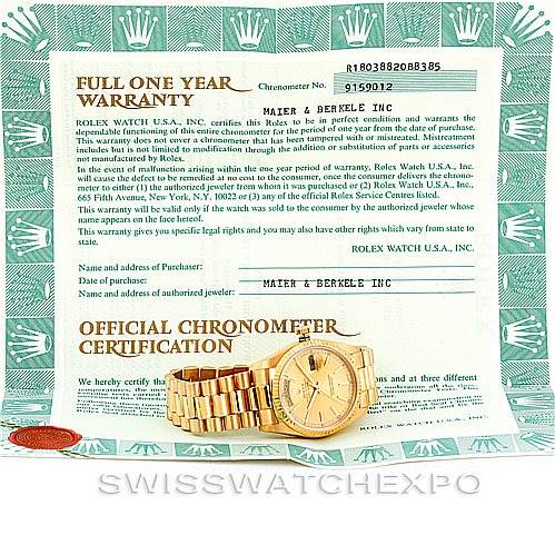 The image shows a Rolex President 18038 Men
s Yellow Gold Champagne Dial 18038 Men
s Yellow Gold Champagne Dial model watch lying flat on warranty and certification documents.