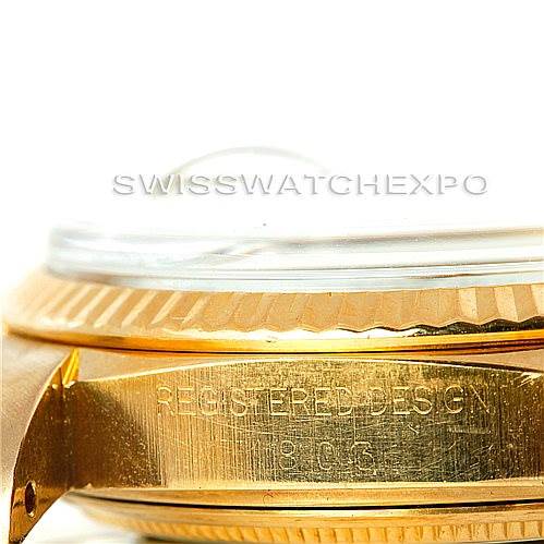 The image shows the side profile of a Rolex President 1803 Men's Yellow Gold White Dial 1803 Men's Yellow Gold White Dial model, highlighting the watch's bezel and part of the band.