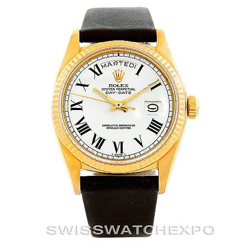 This image shows a front angle of the Rolex President 1803 Men's Yellow Gold White Dial 1803 Men's Yellow Gold White Dial model watch with a gold case, white dial, and black strap.