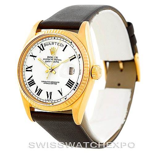 This image shows a frontal view of a Rolex President 1803 Men's Yellow Gold White Dial 1803 Men's Yellow Gold White Dial model watch with a gold case, white dial, black Roman numerals, and a dark leather strap.
