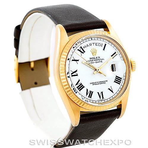 The image shows a Rolex President 1803 Men's Yellow Gold White Dial 1803 Men's Yellow Gold White Dial model watch at a three-quarter angle, highlighting the face, bezel, and part of the leather strap.